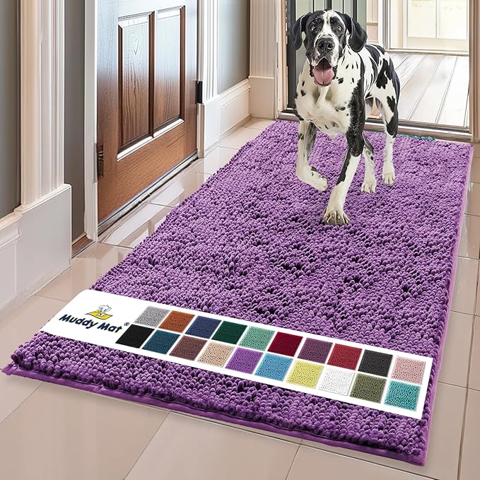 Muddy Mat® Original Dog Door Mat for Muddy Paws, Super Absorbent Microfiber, Non-Slip Washable Pet Rug, Quick Dry Chenille Entryway Carpet, Machine Washable Indoor Outdoor mat, Purple 35"x60"