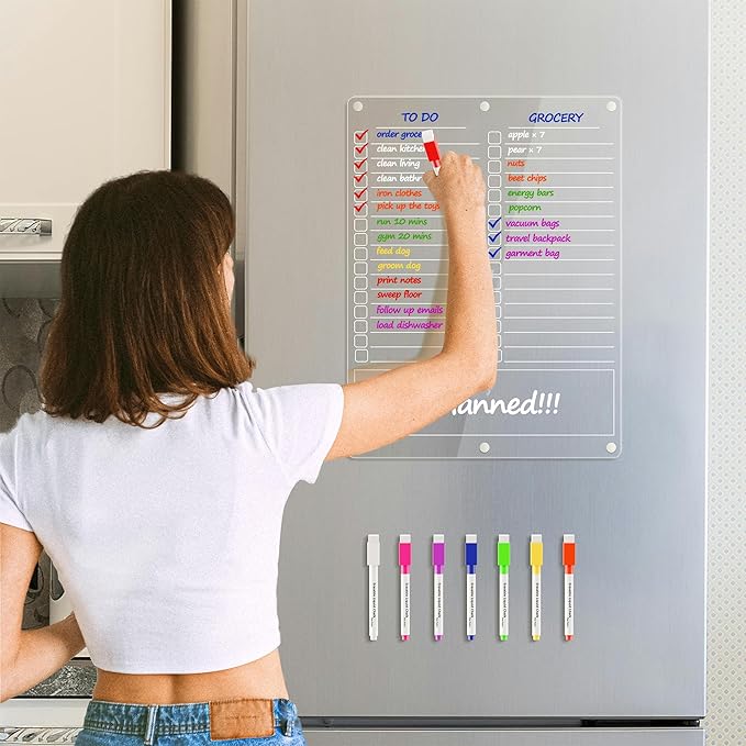 Acrylic Grocery List Magnet Pad for Fridge, Reusable to Do List for Refrigerator, Clear Notepad Note Planning Board, Shopping List, Reminders, w/ 8 Colors Markers, 15"x11"