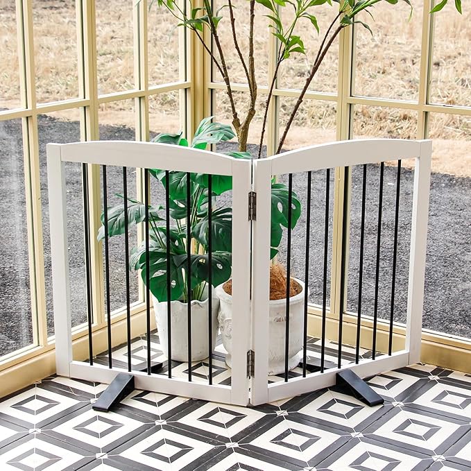 ZJSF Freestanding Foldable Indoor Dog Fence for Stairs Wood White Long Pet Gates for Dogs, Dog Gates for Hallways,Puppy Gates for House Support Feet Included 24 "Height-2 Panels