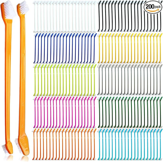 200 Pcs Dog Toothbrush Cat Tooth Brushes Bulk, Double Sided Brushing Kit, Teeth Cleaning Kit Soft Bristles Long Handle, Pet Tooth Brush for Small to Large Dog, Cat, Puppy & Kitten, 10 Colors