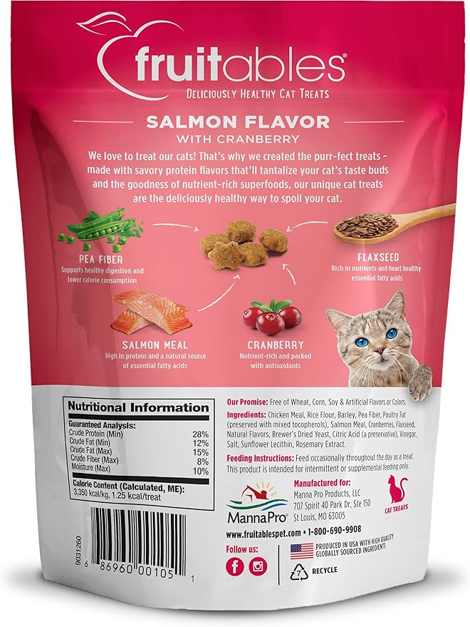 Fruitables Cat Treats Crunchy Salmon & Cranberry Cat Treats Healthy Low Calorie, High Protein Wheat, Corn & Soy Free 30 Ounces