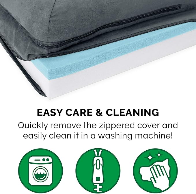 Furhaven Cooling Gel Dog Bed for Medium/Small Dogs w/ Removable Bolsters & Washable Cover, For Dogs Up to 35 lbs - Two-Tone Plush Faux Fur & Suede L Shaped Chaise - Stone Gray, Medium