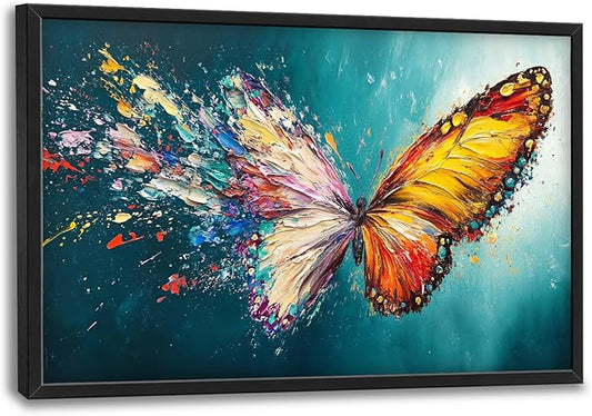 Extra Large Framed Abstract Butterfly Wall Art,Colorful Graffiti Wall Decor,Splashing Wings Pictures for Living Room,Canvas Print Painting Modern Artwork Bedroom Office Bathroom Home Decor 36L x24W