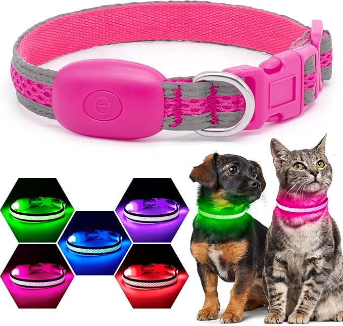 Flashseen LED Cat Collar,Light Up Dog Collar Rechargeable, Dog Lights for Night Walking, Comfortable Soft Mesh Pet Collar Adjustable for Cats Puppy and Small Dogs(Pink, XS)