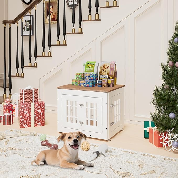 26" Heavy Duty Dog Crate Furniture for Small,Medium and Large Dogs,Rustic Wooden Dog Cage Kennel Indoor Furniture with Waterproof Top,Decorative Pet House Side End Table (White & Wood)