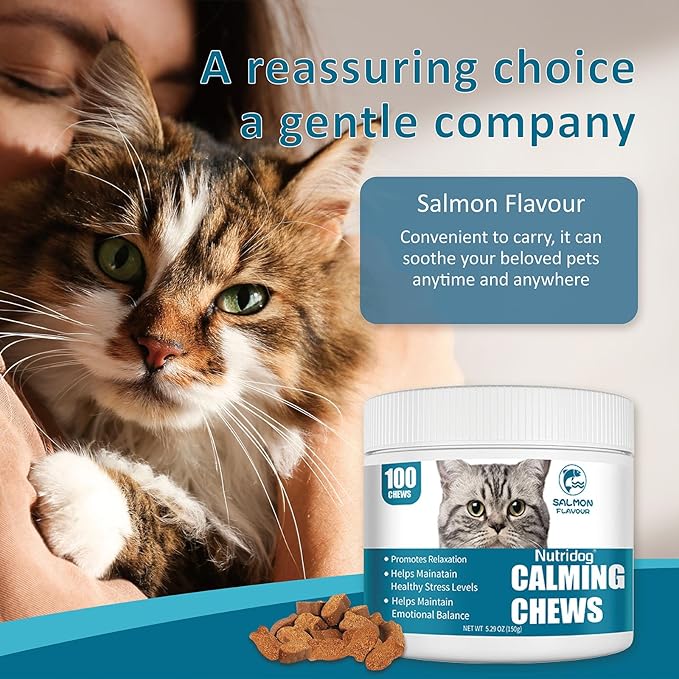 Cat Calming Treats - 100 Count Salmon Chews with Organic Chamomile & Ginger, Stress Relief Supplement for Separation Anxiety, Vet Visits & Thunderstorms (Salmon)