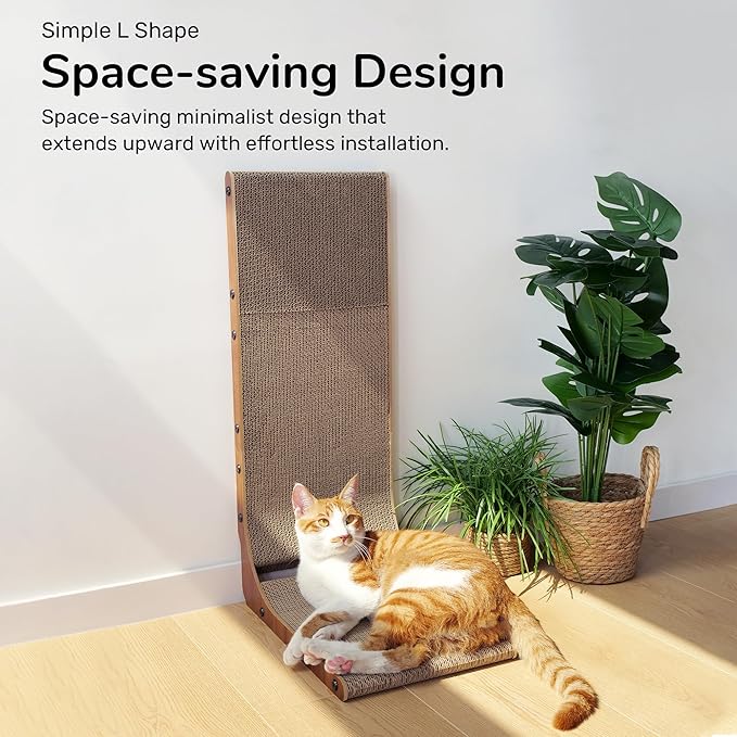FUKUMARU Cat Scratcher, 26.8 Inch Cat Scratch Pad for Indoor Cats, L Shaped Cardboard Vertical Cats Scratching Board with Ball Toy, Walnut Color, 1 Pack