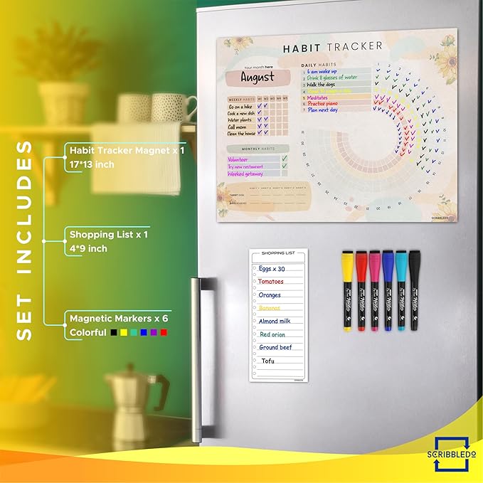 Habit Tracker Journal Workout Motivation Fridge Calendar Dry Erase 13” X 17” Magnet Health Fitness Goal Tracker Goals Board - With Shopping Grocery List - 6 Markers Included