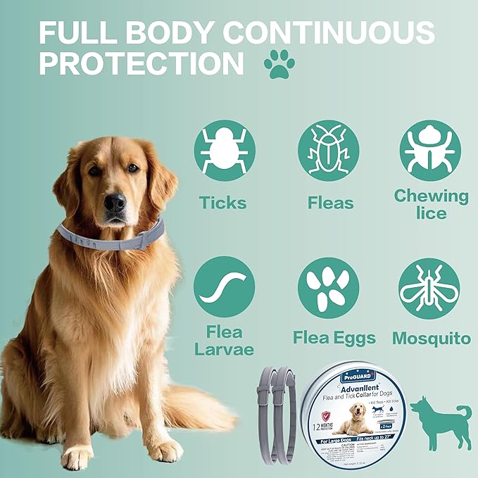 Flea Collar for Dogs, Flea and Tick Prevention for Dogs Collar, Dog Flea and Tick Treatment, 2 Collars, 12 Months Prevention, One Size Fits All
