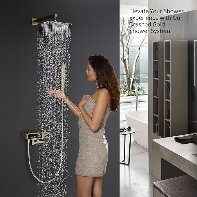 10" Square Rainfall Bathtub and Shower Trim Systems with Rotating Handheld Sprayer, Foldable Tub Spout, Wall-Mounted, Solid Brass Valve with Shampoo Platform- Brushed Gold (Square, Brushed Gold)