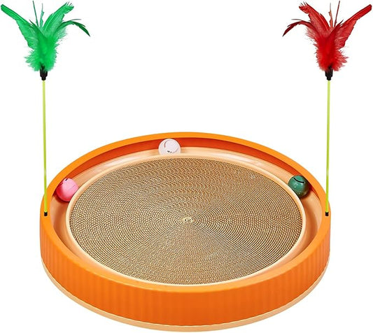 20-Inch Round Cat Scratcher with Ball Track – 3-in-1 Cardboard Cat Scratching Pad with Feather Toys, Non-Slip Base – Interactive Cat Toy for Indoor Cats, Kitten Scratch Play Lounge Board (Orange)