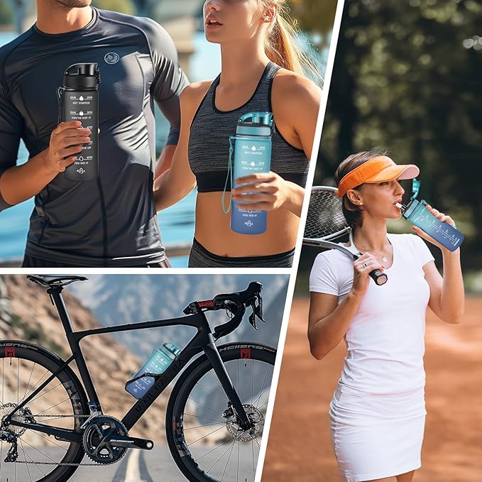 Enerbone Water Bottle, Leakproof BPA & Toxic Free, Motivational Water Bottle with Times to Drink and Straw, Fitness Sports Water Bottle with Strap for Office, Gym, Outdoor Sports