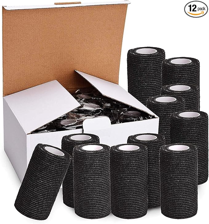 TOBWOLF 12PCS Self Adherent Bandage, 4" x5yd / 10cmx4.5m Cohesive Elastic Bandage Wrap, Breathable Sports Tape for Wrist Ankle Knee Leg Sprains Swelling - Black