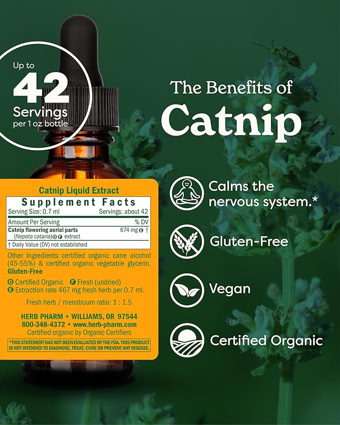 Herb Pharm Certified Organic Catnip Liquid Extract for Calming Nervous System Support, 1 Fl Oz