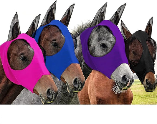 Frienda 4 Pcs Horse Fly Masks with Ears Head Fly Masks for Horses Smooth Elastic UV Protection Cover from Summer Insect Pests(Large,Purple, Blue, Pink, Black)