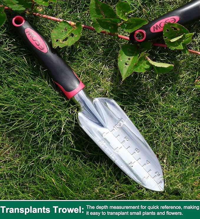 ESOW Garden Tool Set with Non-Slip Rubber Handle, 3 Piece Cast-Aluminum Heavy Duty Gardening Kit Includes Hand Trowel, Transplant Trowel and Cultivator Hand Rake, Red