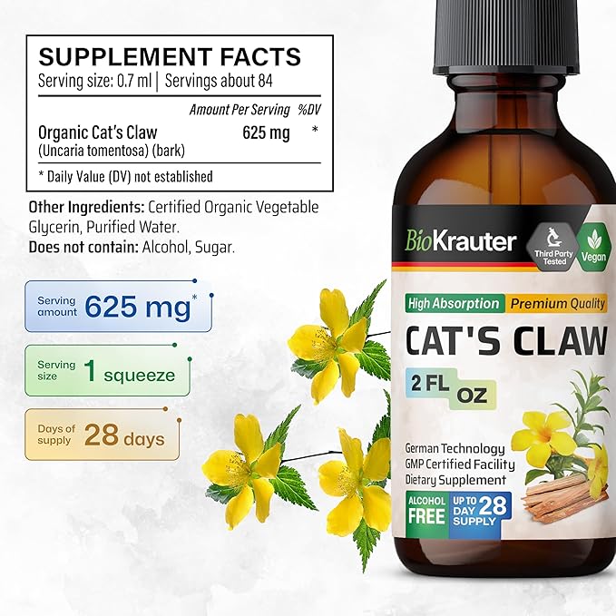 BIO KRAUTER Cats Claw Tincture - Vegan Cat's Claw Supplement - Immune Support - Alcohol & Sugar Free Extract - Vegan Drops 2 Fl.Oz.