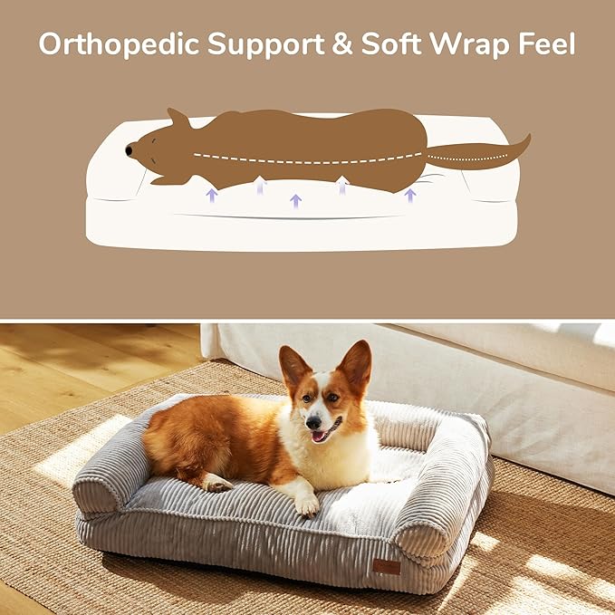 FUKUMARU Cute Dog Bed, Fluffy Dogs Couch with TPU Layer Keeping Lining Dry, Pet Sofa Medium Size Dog Easy to Care, Warm Cat Bed with Removable Zipper Cover, 36inch, Large, Light Grey