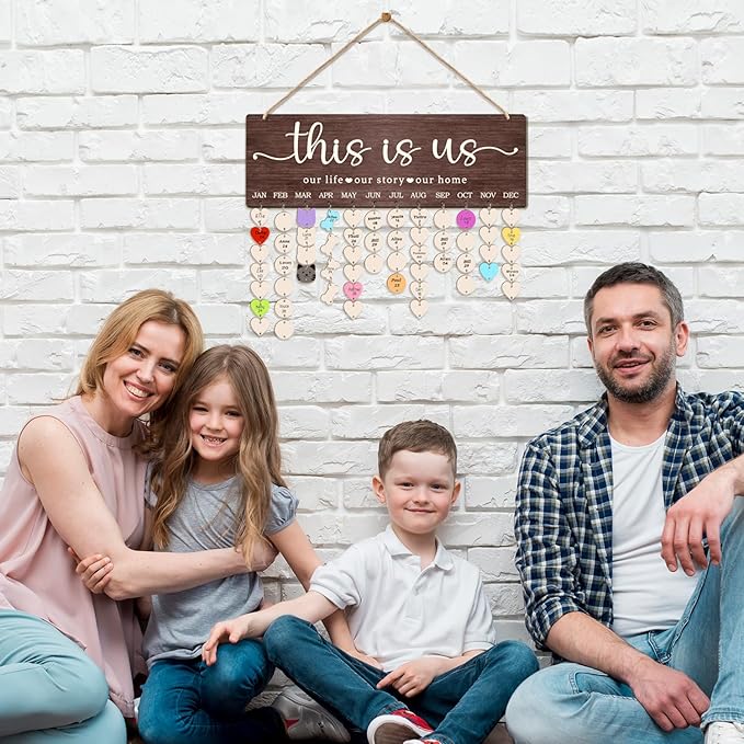 Family Birthday Calendar Board Wall Hanging with Tags, Family Birthday Plaque with Tag Wooden Memory Days Reminder Wall Hanging Home Décor Wood Anniversary Tracker with 104 Tags, Valentines Day Christmas Gifts for Lovers Friends (THIS IS US)