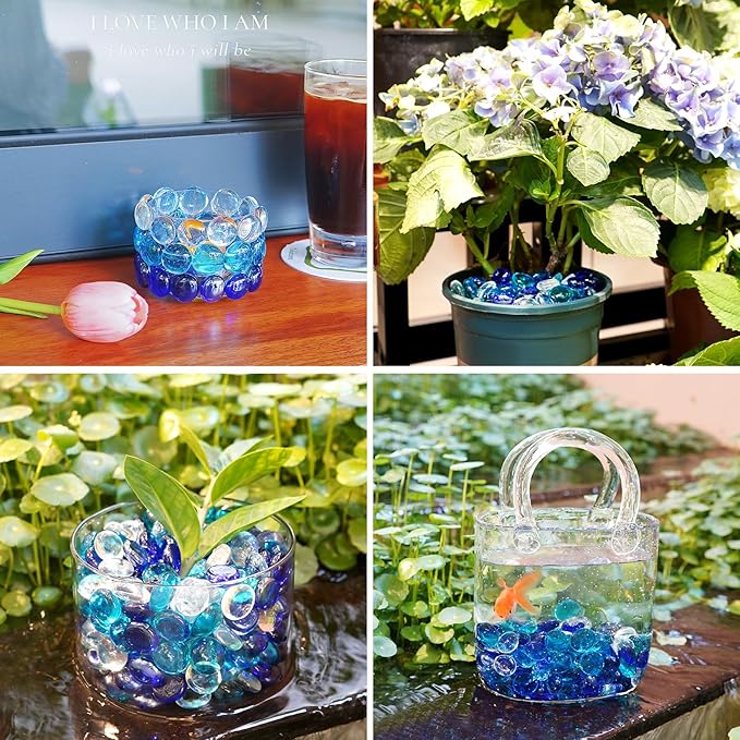 10LB Blue Mix Flat Glass Marbles for Vases, Mancala Stones Gemstone Beads Vase Filler Decorative Glass Pebbles for Fish Tank, DIY Crafts, Aquarium Decor Rocks