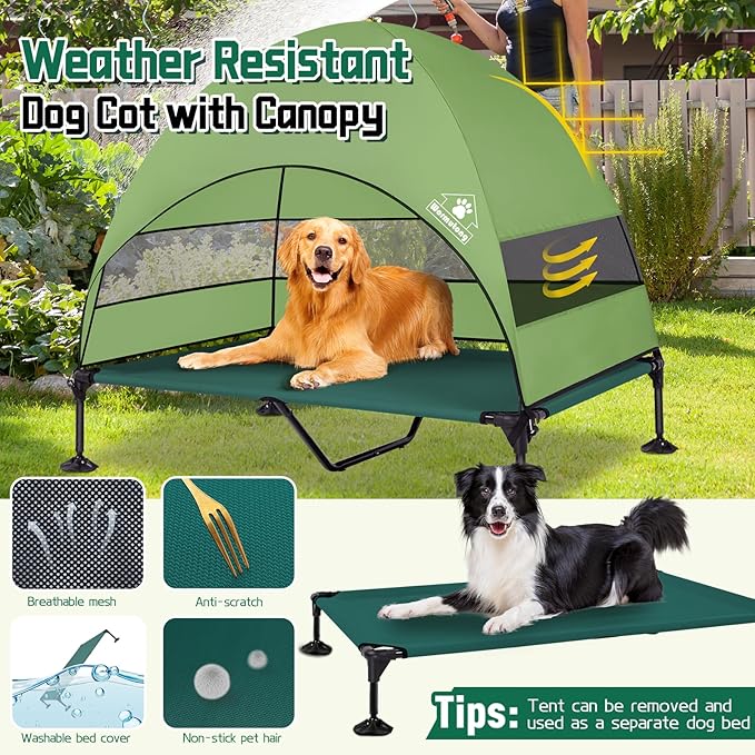 Elevated Outdoor Dog Bed with Canopy & Adjustable Feet - Larger Shade for Camping, Backyard & Patio
