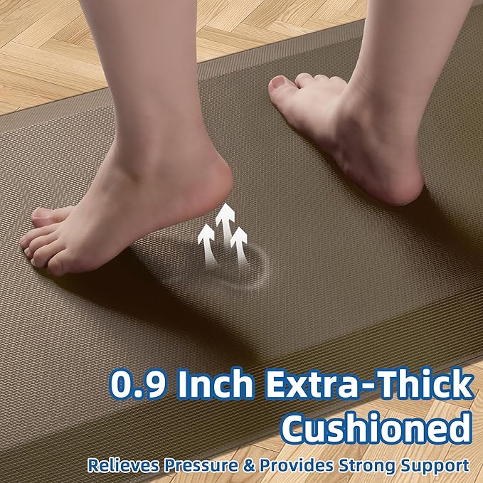 2 PCS Anti Fatigue Kitchen Mats for Floor, Brown 9/10 Extra Thick Cushioned Standing Desk Mat, Comfort Memory Foam Ergonomic Rugs and Mats Non-Slip Waterproof for Office, Kitchen, 20"x32"+20"x48"