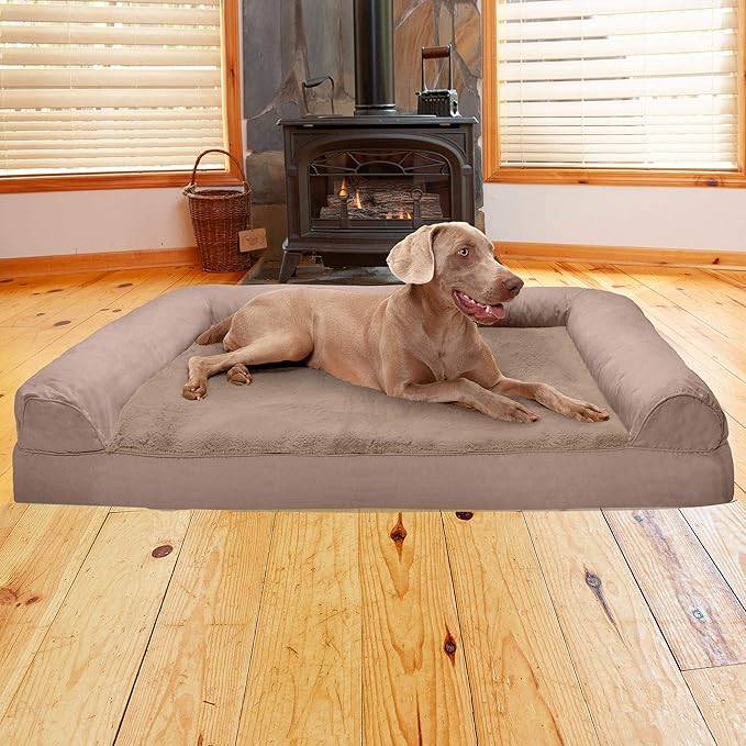 Furhaven Cooling Gel Dog Bed for Large Dogs w/ Removable Bolsters & Washable Cover, For Dogs Up to 125 lbs - Plush & Suede Sofa - Almondine, Jumbo Plus/XXL