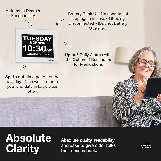 American Lifetime 【New 2025】 Dementia Digital Clock for Seniors, Large Display with Custom Alarms, Clock with Day & Date for Elderly, Large Number Digital Clock White