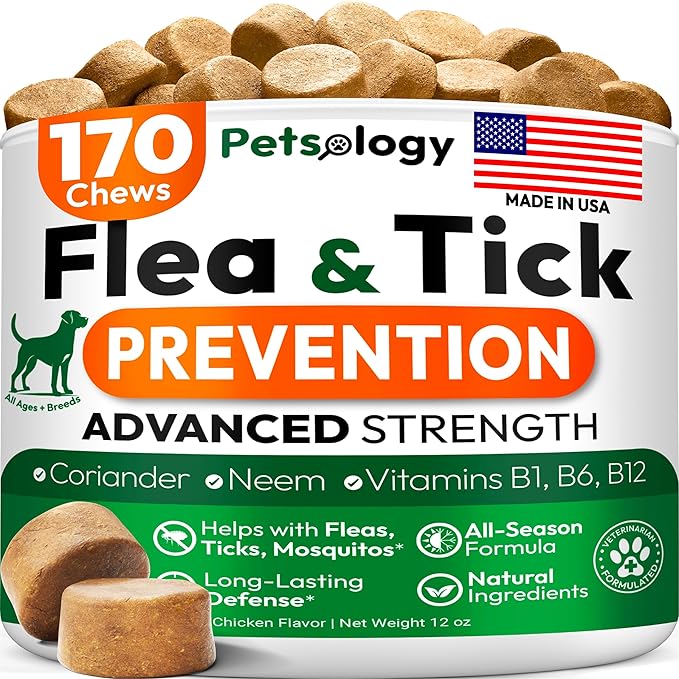 Flea and Tick Prevention for Dogs Pills - Natural Dog Flea & Tick Control - 170 Soft Chewables - Oral Defense Treatment for Dogs Supplement - Vet Formulated Chews - All Breeds & Ages - Made in USA