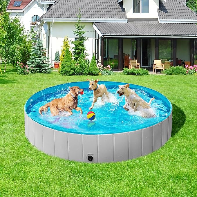 Yaheetech Foldable Dog Pools 71 x 12 Inches Collapsible Hard Plastic Pets Swimming Pool Portable Puppy Bath Tub Cat Shower Pet Wading Pool for Outdoor/Indoor w/Pet Repair Patches, Gray