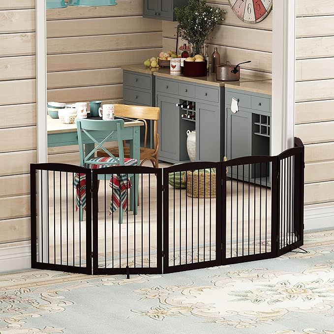 Freestanding Pet Gate for Dogs, Indoor Wooden Foldable Dog Gate for House, Extra Wide, Pet Fence for Stairs, Doorways, Halls, Support Feet Included, 120 Inch Wide, 6 Panels 32",Brown
