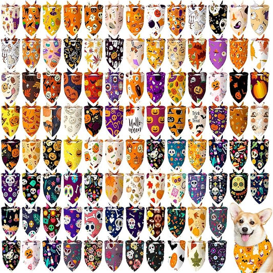 100 Pcs Halloween Dog Bandanas Bulk Pet Bibs Colorful Triangle Scarf Pet Bandanas for Medium Large Dogs Halloween Party Costume Decor