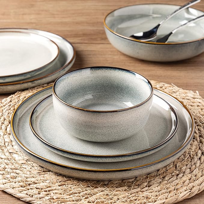 GBHOME Ceramic Dinnerware Sets for 8, 24 Pieces Stoneware Plates and Bowls Sets, Scratch Resistant Dishes, Dishwasher & Microwave Safe, Reactive Glaze-Green Wheat