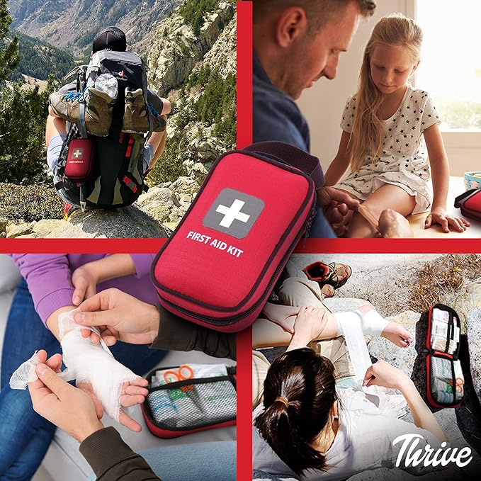 Thrive First Aid Safety Kit - 100-Piece Bag - Compact Waterproof Rip-Stop Nylon Pouch - Multi-Size Bandages, Antiseptic Wipes & Safety Pins for Car & Travel