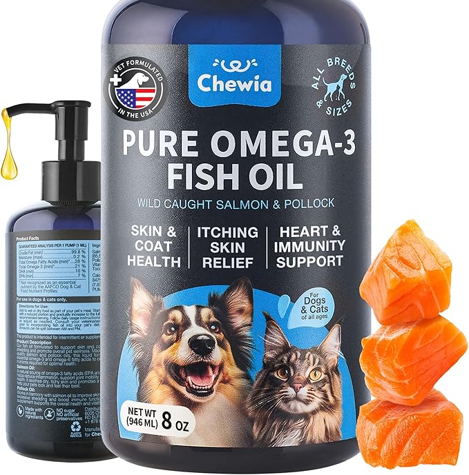 Omega 3 Fish Oil for Dogs and Cats - Healthy Skin and Coat Support Supplement - Omega 3 6 9 EPA DHA Fatty Acids - Itchy Skin, Shedding, Immunity, Joint - Wild Caught Salmon and Pollock Food Topper