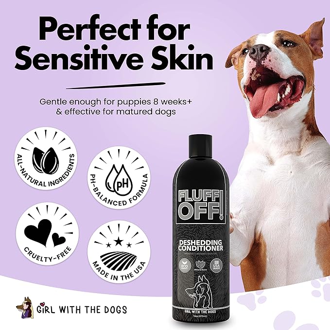 Fluff Off! by Girl With The Dogs, Natural Deshedding Dog/Cat Conditioner, 16 Oz, Made in USA 8 Wks+