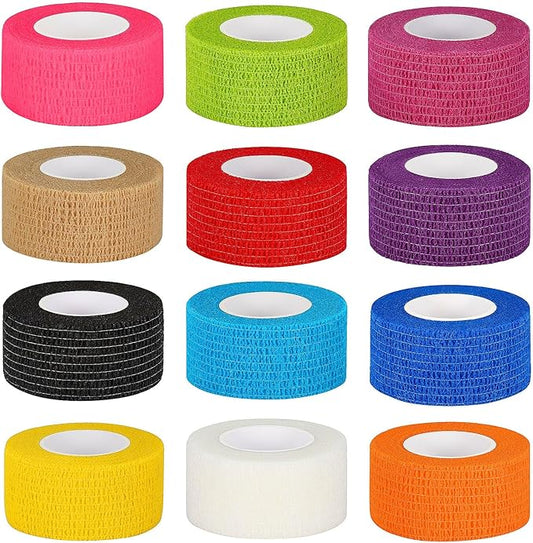 12 Pack Self Adhesive Bandage Wrap 1 Inch Cohesive Bandage Self Adherent Vet Wrap for Dog Pets Elastic Bandage Finger Tape Self Stick Wrap for First Aid Sports Athletic Tape (Mixed Colors)