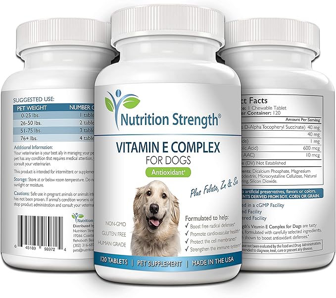 Vitamin E for Dogs, Promote Cardiovascular Health, Support Cell Membranes, Vitamin E Complex to Boost Dog Immune System Plus Zinc, Selenium, Folate, Salmon Oil, 120 Chewable Tablets
