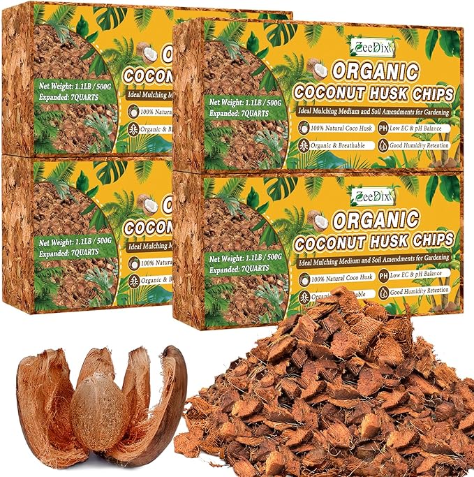 Zeedix 4 Pack Coco Husk Chips for Plants(4.4LB), 100% Organic Coconut Chips Mulch with Low EC & PH Balance, All Purpose for Indoor Plant Flowers Herbs Vegetables, Reptiles Terrarium Tanks Substrate
