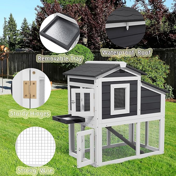 2 Story Rabbit Cage, Weatherproof Rabbit Hutch Indoor & Outdoor, Wooden Guinea Pig Cages with Removable Tray Openable Roof for Small to Medium Animals