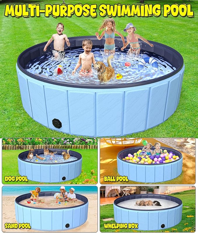 Oversize Dog Pool 75"x 16", Hyperzoo Foldable Dog Swimming Pool, Hard Plastic PVC Leakproof Doggie Wading Collapsible Pet Bathing Tub for Puppy Small Medium Large Dogs and Kids, Blue