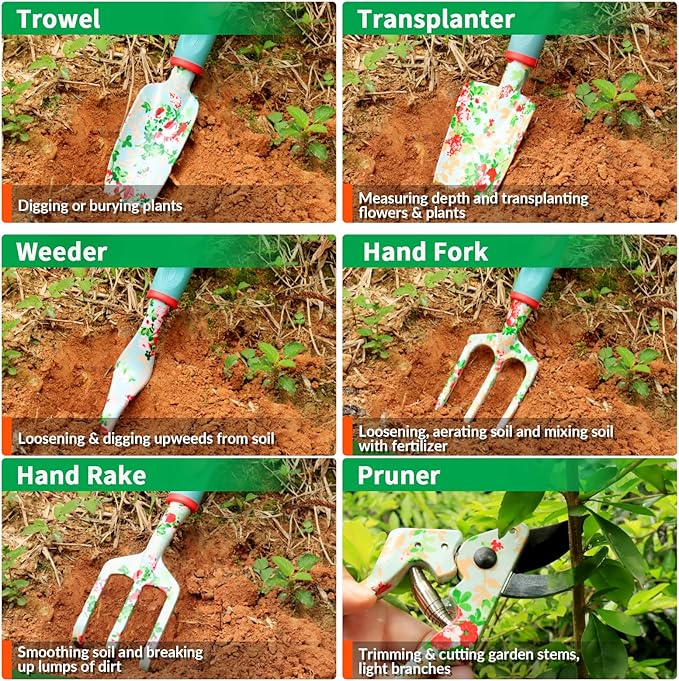 Garden Tools Set WANCHI 10 Piece Heavy Duty Floral Garden Tool Set Gardening Gifts for Women Men Birthday Rust-Proof Aluminum Garden Hand Tools Gardening Kit with Tote Bag Apron Glove