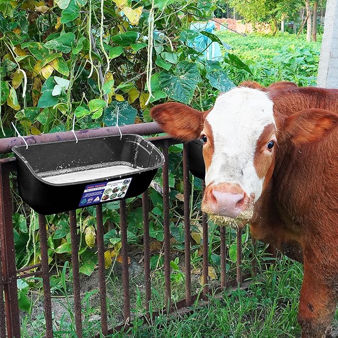 Goovilla Large Feed Trough, Hanging or Screw-in Fence Feeder with Clips, 2 Pack 9 Quart Goat Feeder Supplies, Dog Horse Hog Pig Livestock Poultry Plastic Feeder Trough Bucket for Large Animal, Black