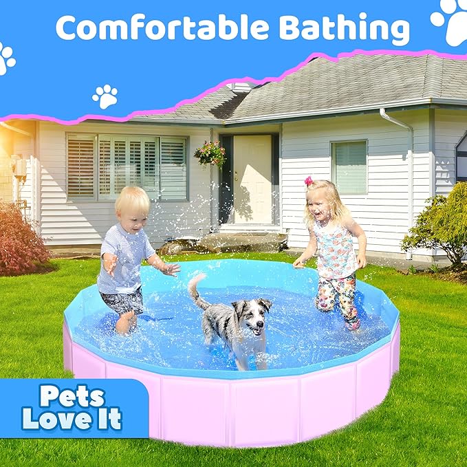2025 Updated Foldable Dog Pool, 71" x 12" Kiddie Pool with Hard Plastic, Non-Slip Dog Bath Tub for Outdoor Backyard, Collapsible Dog Swimming Pool for Kids Dogs Pets (Pink)