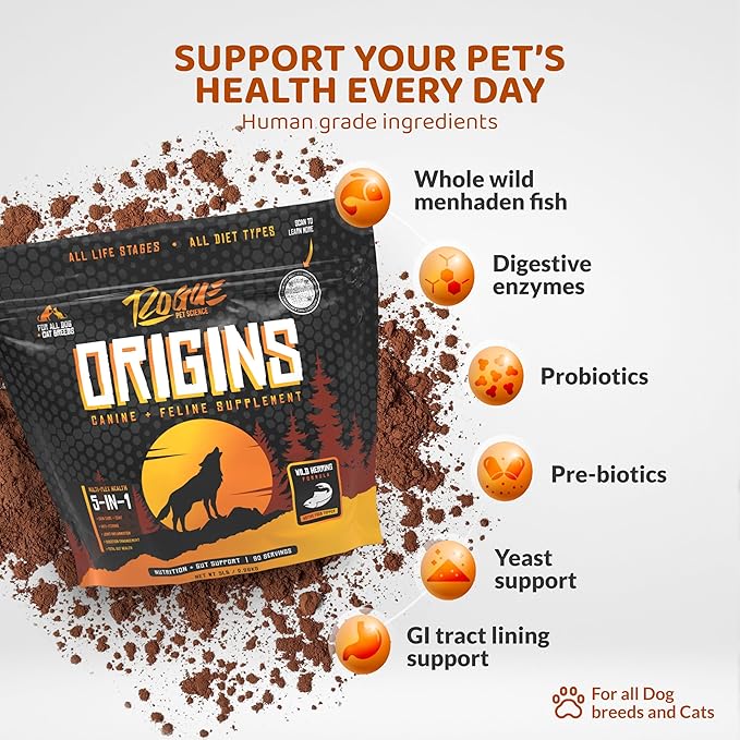 Origins 5-in-1 Dog Supplement - Powdered Food Topper w/Natural Omega 3 Fish Oil - Supports Healthy Digestion, Skin, and Coat - Helps Reduce Itching & Joint Inflammation (5 lbs)