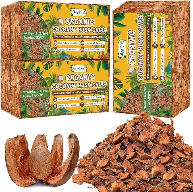 Zeedix 6 Pack Coco Husk Chips for Plants(6.6LB), 100% Organic Coconut Chips Mulch with Low EC & PH Balance, All Purpose for Indoor Plant Flowers Herbs Vegetables, Reptiles Terrarium Tanks Substrate
