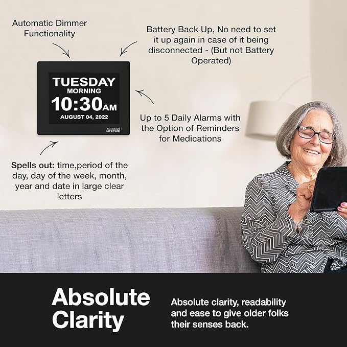 American Lifetime Large Digital Clock for Seniors, Black, 8 inch, with Day & Date, Customizable Alarms, Auto-Dimming, Multi-Language Support, Battery Backup, Easy Setup, and Gift Option