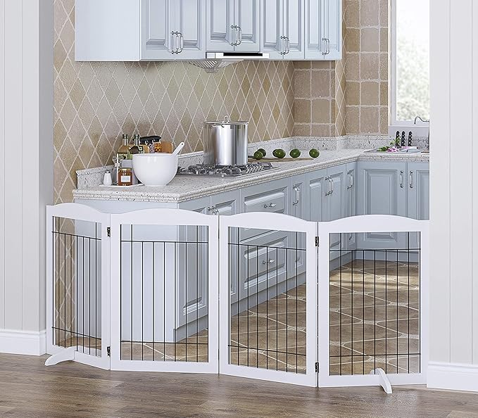 Spirich Free Standing Foldable Wire Pet Gate for Dogs, 80 inches Extra Wide, 30 inches Tall 4 Panels Dog Gate for the House, Doorway, Stairs, Pet Puppy Safety Fence,Set of Support Feet Included, White