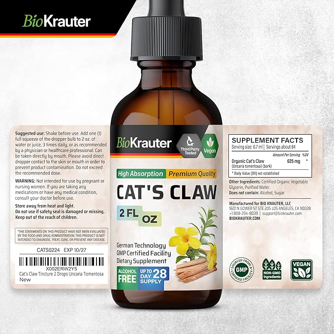 BIO KRAUTER Cats Claw Tincture - Vegan Cat's Claw Supplement - Immune Support - Alcohol & Sugar Free Extract - Vegan Drops 2 Fl.Oz.