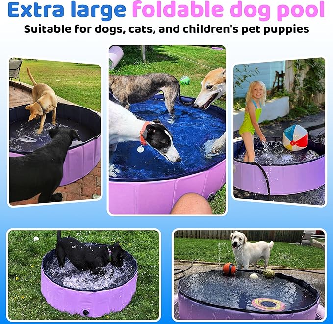 2025 Updated Foldable Dog Pool, 47" x 12" Kiddie Pool with Hard Plastic, Non-Slip Dog Bath Tub for Outdoor Backyard, Collapsible Dog Swimming Pool for Kids Dogs Pets (Pink)